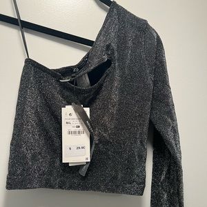 Zara Glitter One Shoulder Cut Out Crop Top